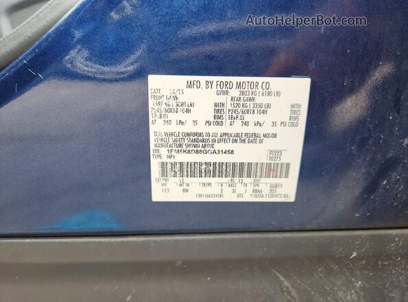 1FM5K8D88GGA31458 2016 FORD EXPLORER Blue VIN კოდის სტიკერის ხედი