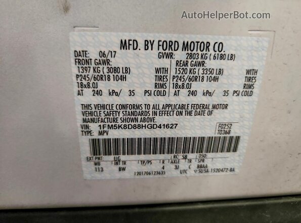 1FM5K8D88HGD41627 2017 FORD EXPLORER White Вид наклейки з VIN-кодом