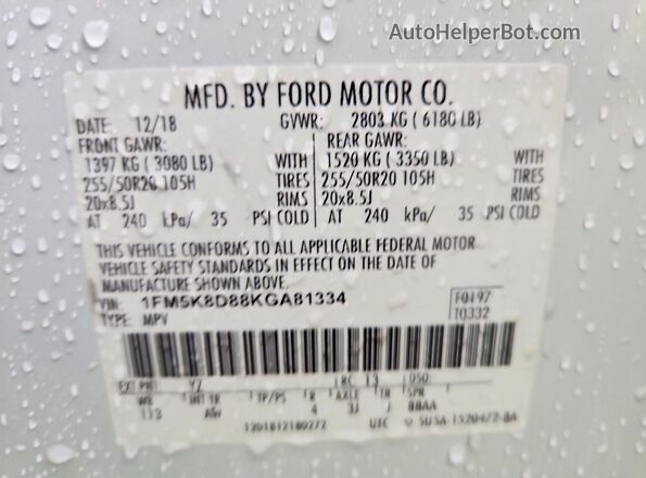 1FM5K8D88KGA81334 2019 FORD EXPLORER White Vista interior de 360 grados