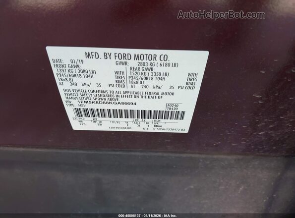 1FM5K8D88KGA86694 2019 FORD EXPLORER Maroon Շարժիչի բաժամունքի տեսք