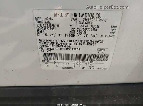 1FM5K8D89GGC19289 2016 FORD EXPLORER White Widok komory silnika