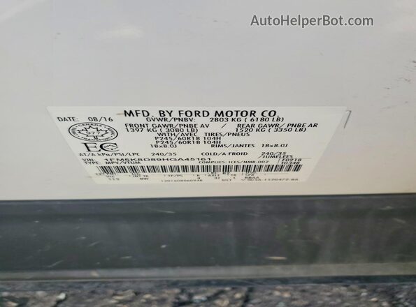 1FM5K8D89HGA45161 2017 FORD EXPLORER White Vista de la etiqueta del VIN