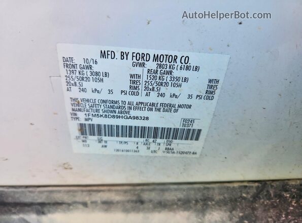 1FM5K8D89HGA98328 2017 FORD EXPLORER White Вид наклейки з VIN-кодом