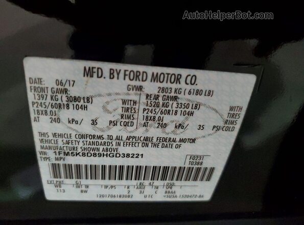 1FM5K8D89HGD38221 2017 FORD EXPLORER Черный Вид наклейки с VIN-кодом