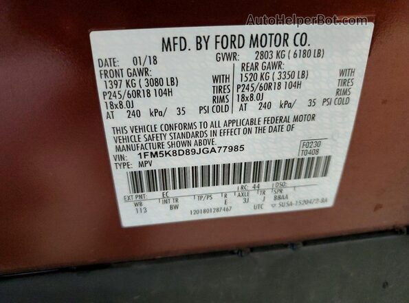 1FM5K8D89JGA77985 2018 FORD EXPLORER Brown VIN კოდის სტიკერის ხედი