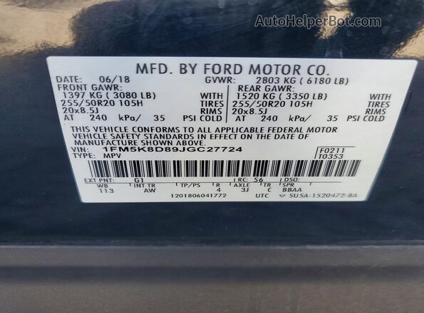 1FM5K8D89JGC27724 2018 FORD EXPLORER Black VIN sticker view