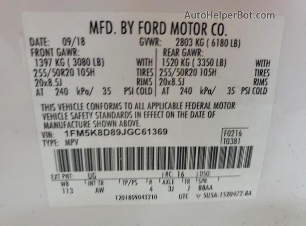 1FM5K8D89JGC61369 2018 FORD EXPLORER White Вид наклейки з VIN-кодом
