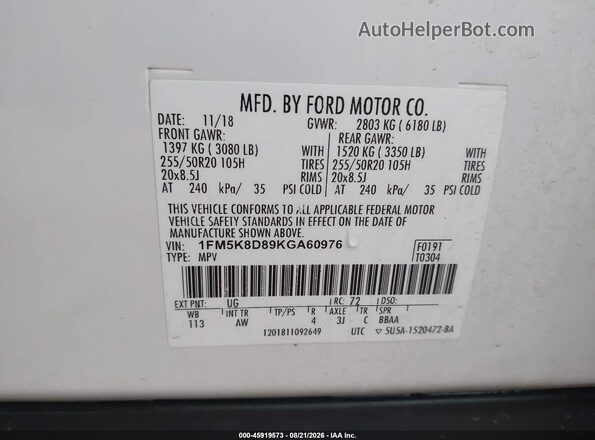 1FM5K8D89KGA60976 2019 FORD EXPLORER White Widok komory silnika