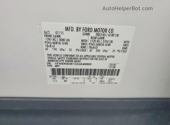 1FM5K8D8XGGA49895 2016 FORD EXPLORER White Շարժիչի բաժամունքի տեսք