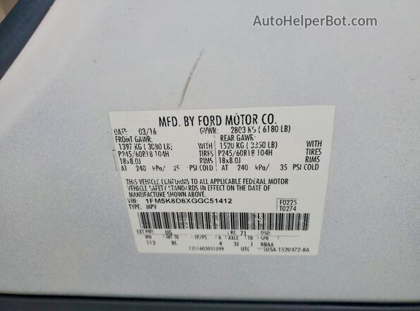 1FM5K8D8XGGC51412 2016 FORD EXPLORER White Vista de la etiqueta del VIN