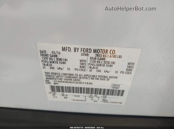 1FM5K8D8XGGD11530 2016 FORD EXPLORER White Вид підкапотного простору