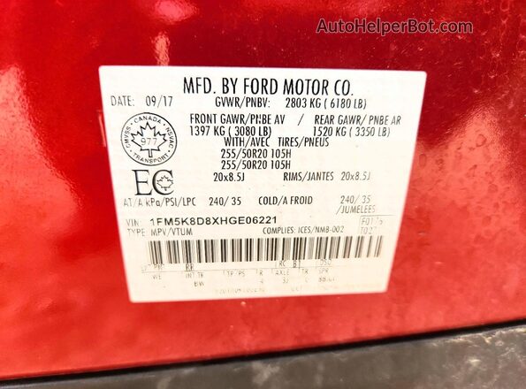 1FM5K8D8XHGE06221 2017 FORD EXPLORER Red VIN կոդի պիտակի տեսք
