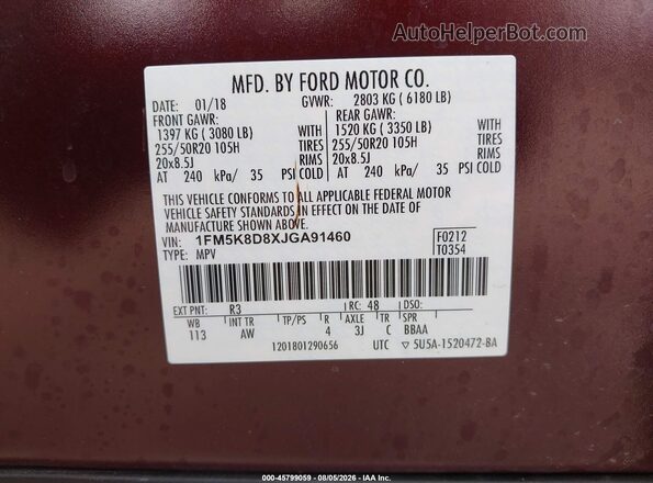 1FM5K8D8XJGA91460 2018 FORD EXPLORER Burgundy Widok komory silnika