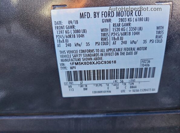 1FM5K8D8XJGC93618 2018 FORD EXPLORER Charcoal Vista del compartimento del motor