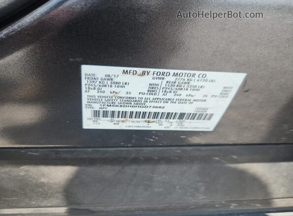 1FM5K8DH0HGD73682 2017 FORD EXPLORER Gray VIN sticker view