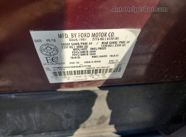 1FM5K8DH0KGA17739 2019 FORD EXPLORER Burgundy Vista del compartimento del motor