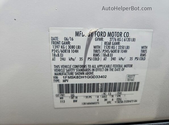 1FM5K8DH1GGD33402 2016 FORD EXPLORER White VIN կոդի պիտակի տեսք