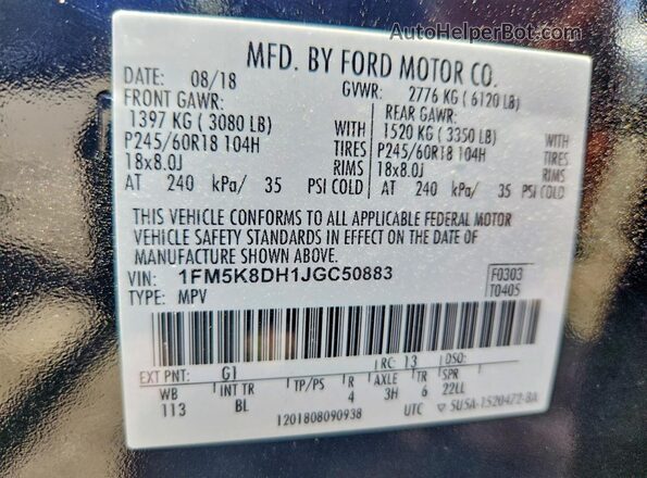 1FM5K8DH1JGC50883 2018 FORD EXPLORER Black VIN კოდის სტიკერის ხედი