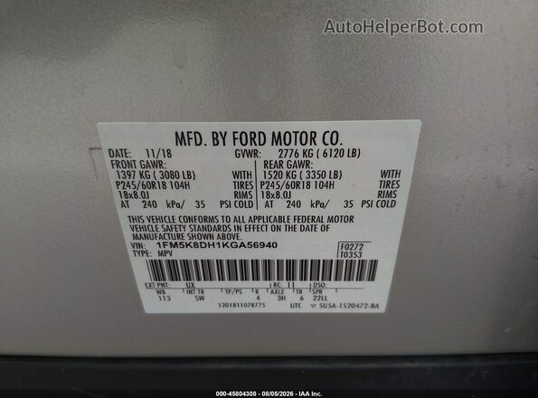 1FM5K8DH1KGA56940 2019 FORD EXPLORER Silver Engine compartment view