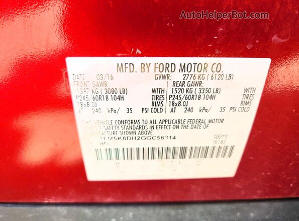 1FM5K8DH2GGC56314 2016 FORD EXPLORER Red VIN sticker view