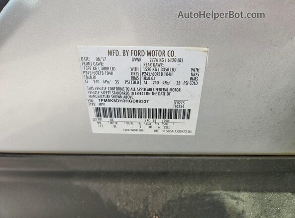 1FM5K8DH3HGD88337 2017 FORD EXPLORER Silver Vista interior de 360 grados