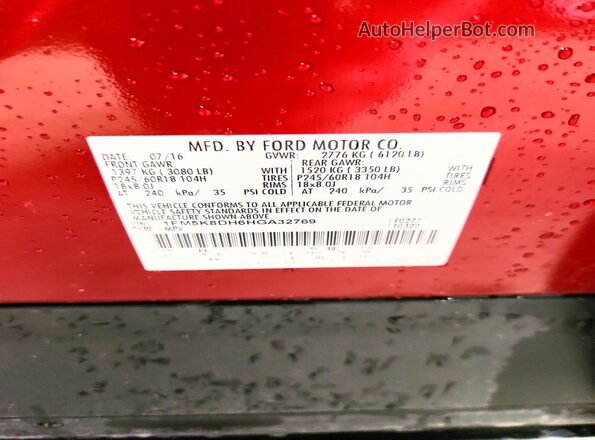 1FM5K8DH6HGA32769 2017 FORD EXPLORER Red Widok naklejki z numerem VIN