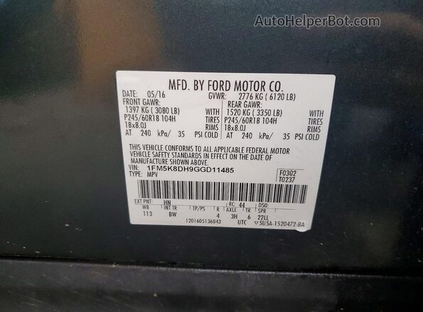 1FM5K8DH9GGD11485 2016 FORD EXPLORER Gray Вид наклейки з VIN-кодом