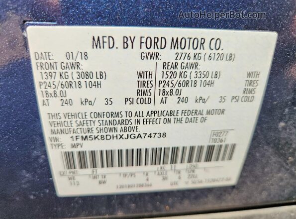1FM5K8DHXJGA74738 2018 FORD EXPLORER Blue Սալոնի 360 աստիճան տեսք