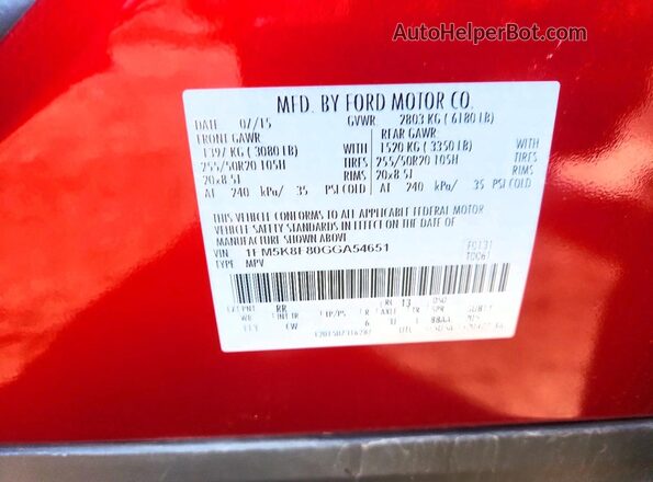 1FM5K8F80GGA54651 2016 FORD EXPLORER Red Vista de la etiqueta del VIN