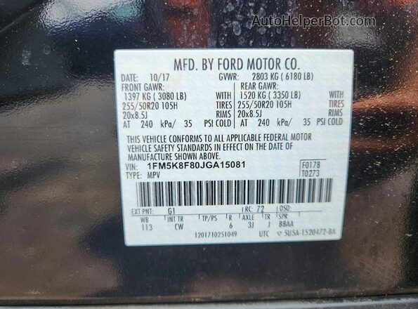 1FM5K8F80JGA15081 2018 FORD EXPLORER Black Widok naklejki z numerem VIN