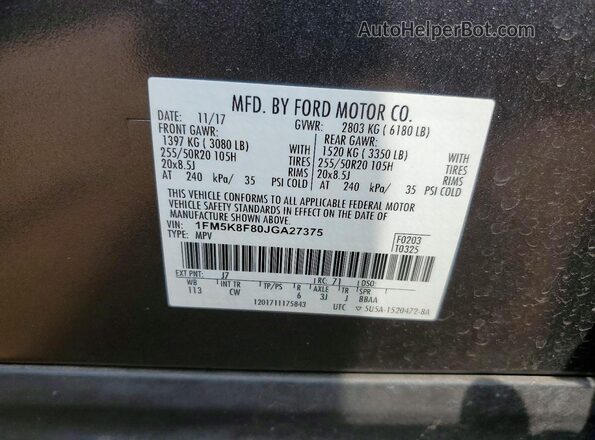 1FM5K8F80JGA27375 2018 FORD EXPLORER Серый Вид наклейки с VIN-кодом