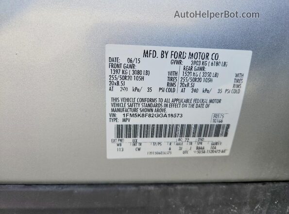 1FM5K8F82GGA18573 2016 FORD EXPLORER Silver VIN կոդի պիտակի տեսք