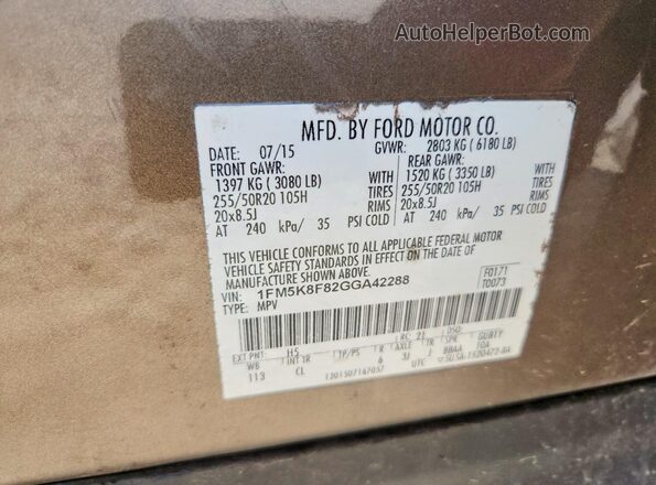 1FM5K8F82GGA42288 2016 FORD EXPLORER Brown VIN sticker view