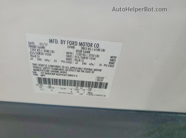 1FM5K8F82HGC98013 2017 FORD EXPLORER White VIN კოდის სტიკერის ხედი