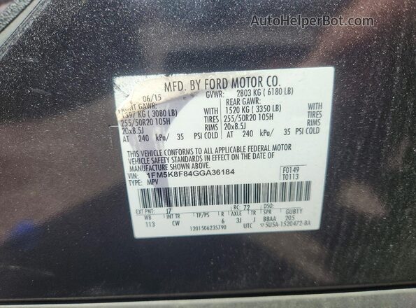 1FM5K8F84GGA36184 2016 FORD EXPLORER Gray VIN კოდის სტიკერის ხედი