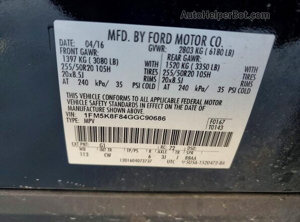 1FM5K8F84GGC90686 2016 FORD EXPLORER Black Vista de la etiqueta del VIN