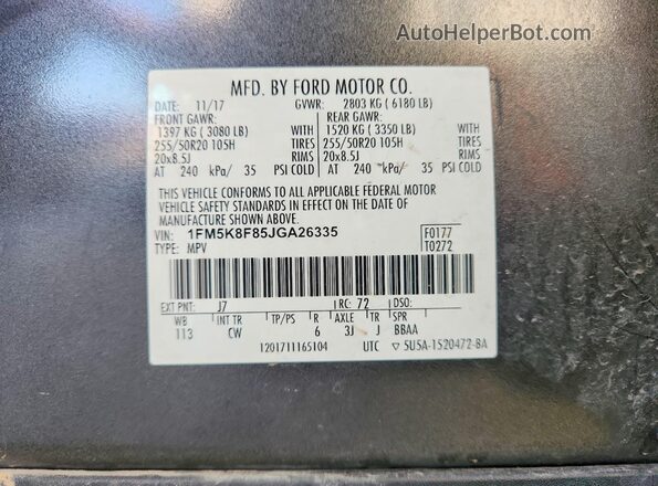 1FM5K8F85JGA26335 2018 FORD EXPLORER Gray Вид наклейки з VIN-кодом