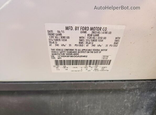 1FM5K8F86GGA25462 2016 FORD EXPLORER White Widok naklejki z numerem VIN