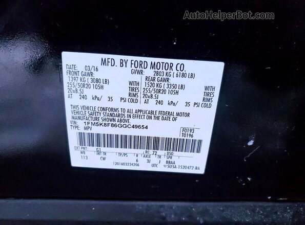 1FM5K8F86GGC49654 2016 FORD EXPLORER Black Вид наклейки з VIN-кодом