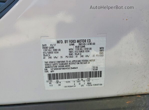 1FM5K8F86HGC54841 2017 FORD EXPLORER White Vista interior de 360 grados