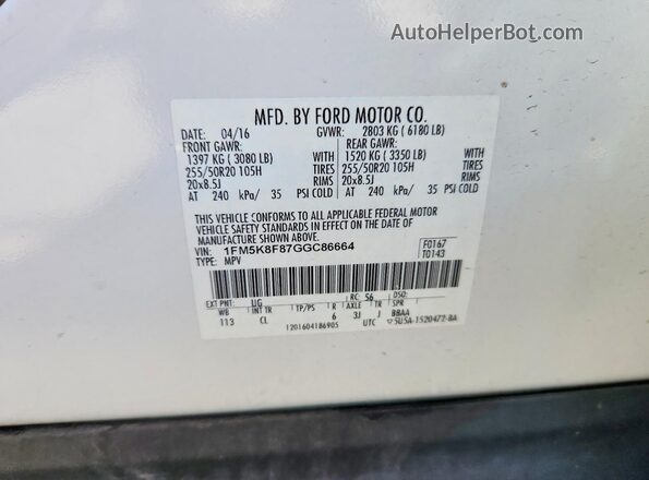 1FM5K8F87GGC86664 2016 FORD EXPLORER White Vista de la etiqueta del VIN