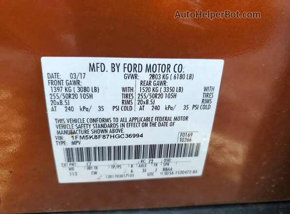1FM5K8F87HGC36994 2017 FORD EXPLORER Orange VIN կոդի պիտակի տեսք