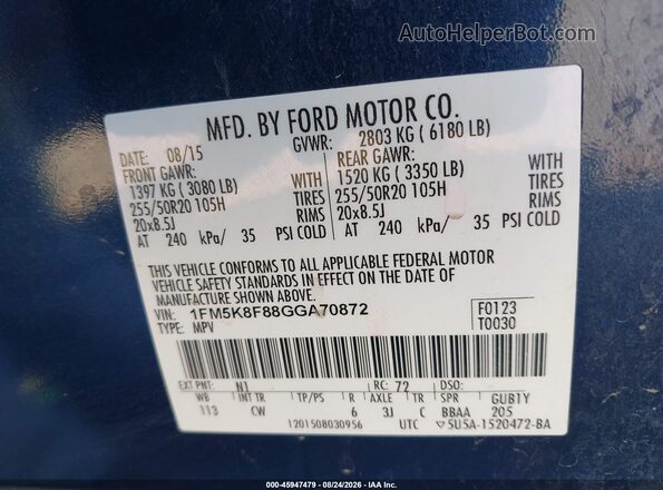 1FM5K8F88GGA70872 2016 FORD EXPLORER Blue Вид підкапотного простору
