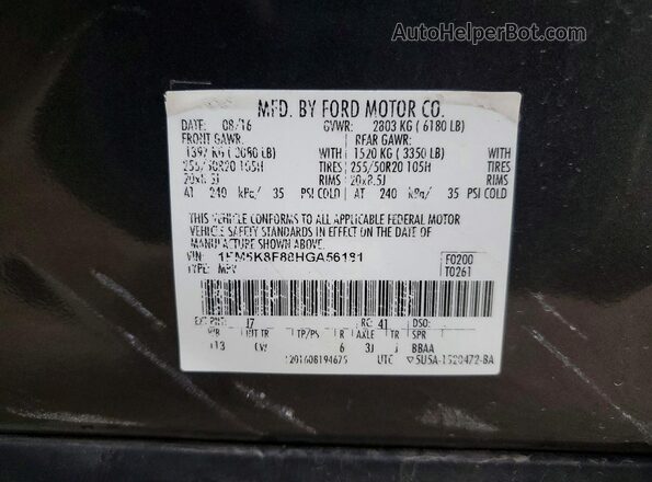 1FM5K8F88HGA56181 2017 FORD EXPLORER Gray VIN կոդի պիտակի տեսք