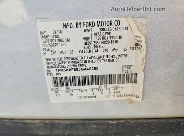 1FM5K8F88JGA68255 2018 FORD EXPLORER White Панорамний вид салону 360°
