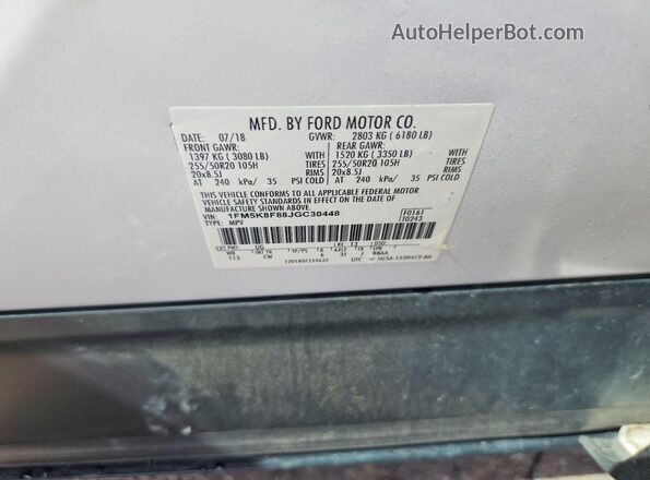1FM5K8F88JGC30448 2018 FORD EXPLORER White VIN sticker view