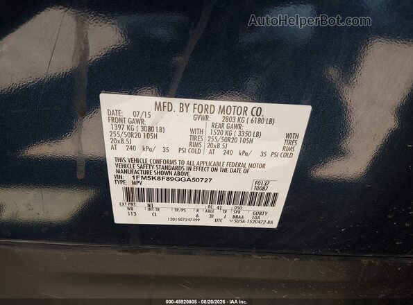1FM5K8F89GGA50727 2016 FORD EXPLORER Blue Widok komory silnika