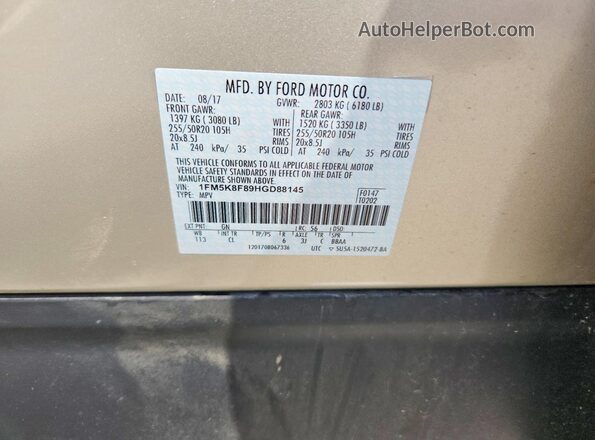 1FM5K8F89HGD88145 2017 FORD EXPLORER Золотой Вид наклейки с VIN-кодом