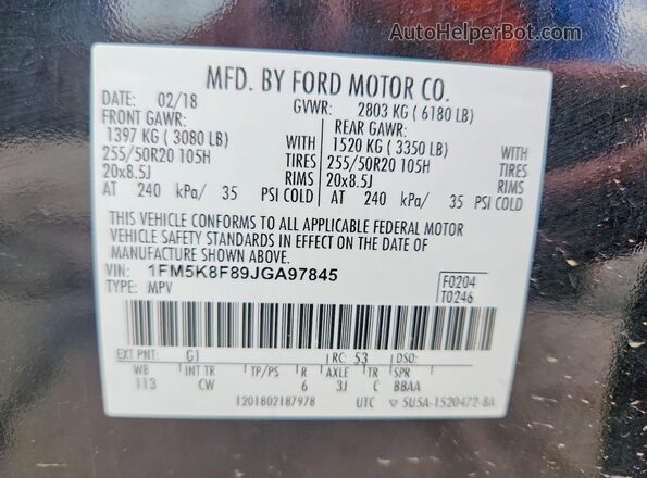 1FM5K8F89JGA97845 2018 FORD EXPLORER Black Vista de la etiqueta del VIN