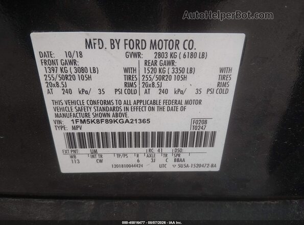 1FM5K8F89KGA21365 2019 FORD EXPLORER Black Vista del compartimento del motor